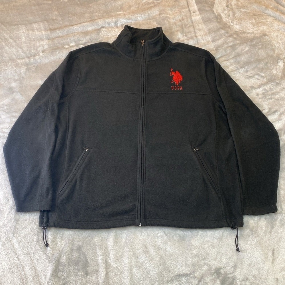 US Polo Assn BIG Logo Full Zip Mock Neck Fleece Winter Jacket Mens XL Black Warm